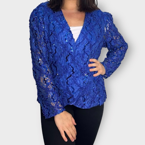 Jackets & Blazers - Vintage 1980s Cobalt Blue & Purple, Sequin, Ruffle, Double Breasted Blazer